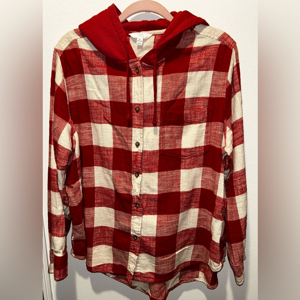 Time and Tru Red and White Plaid Button-Down Shirt with Hood